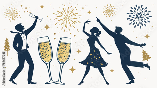 Dynamic silhouette celebration with champagne, fireworks, and dancing figures, perfect for festive events.