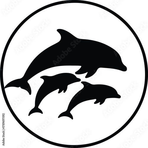 Illustration pod of dolphins swimming inside circle silhouette vector