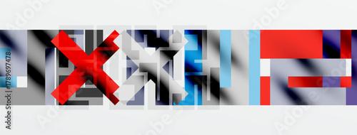 Abstract geometric shapes form text. Red, blue, gray colors dominate composition. Minimalist design, modern aesthetic.