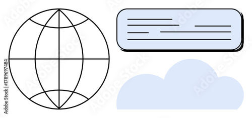 Globe design representing connectivity, cloud shape for storage, and text panel for communication. Ideal for data sharing, cloud networking, global access, communication, software, web simple flat