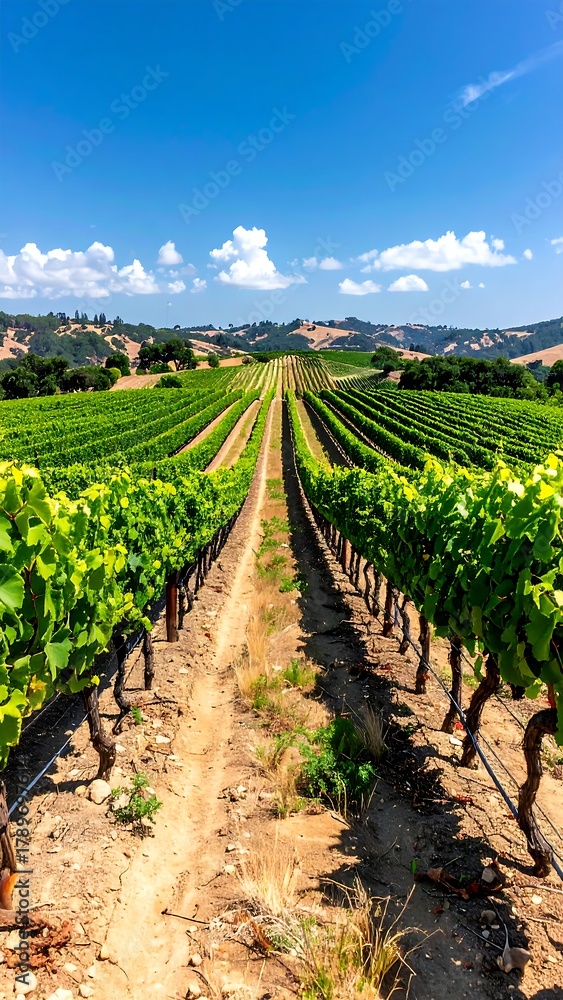 Fototapeta premium Long view of a vineyard with rows of green plants under a blue sky