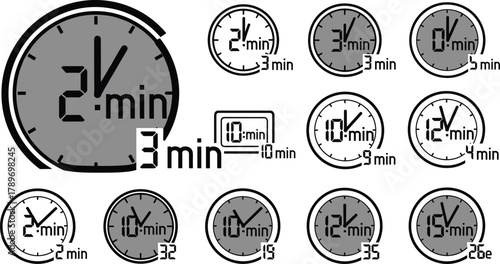 Analog and digital clock set illustrating various time intervals in minutes