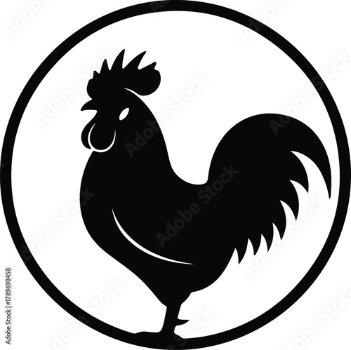 Illustration rooster inside circle black and white silhouette vector