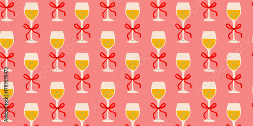 Bright and cheerful pattern featuring glasses with ribbons on a pink background perfect for celebrations