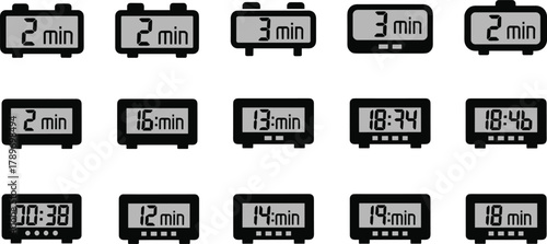 Digital clock icon set showing durations and time formats in black and white