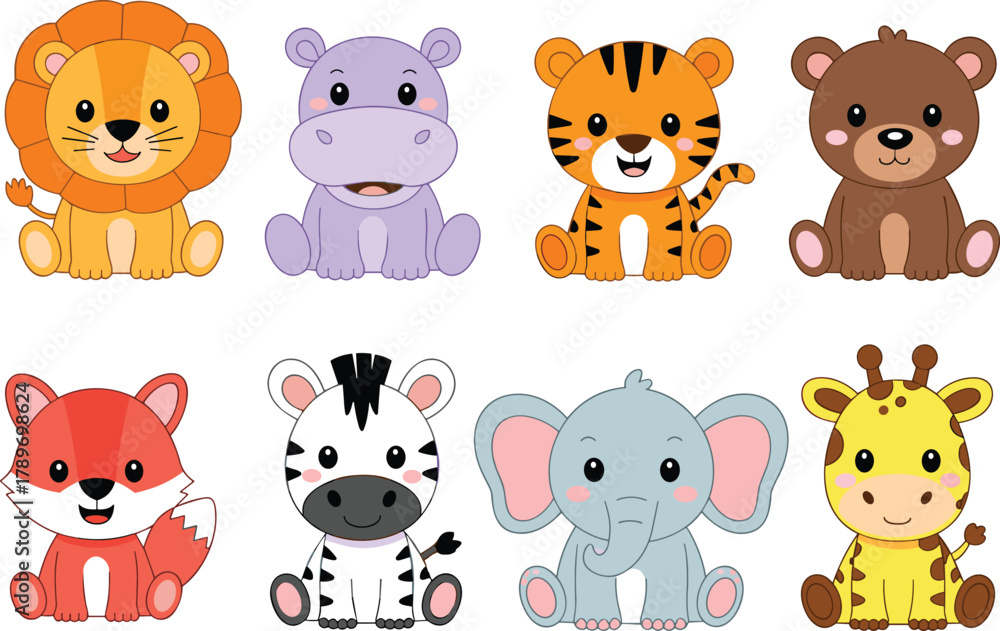 Fototapeta premium Cute cartoon baby lion, hippo, tiger, bear, fox, zebra, elephant, giraffe, adorable animal characters, children illustration, vector art