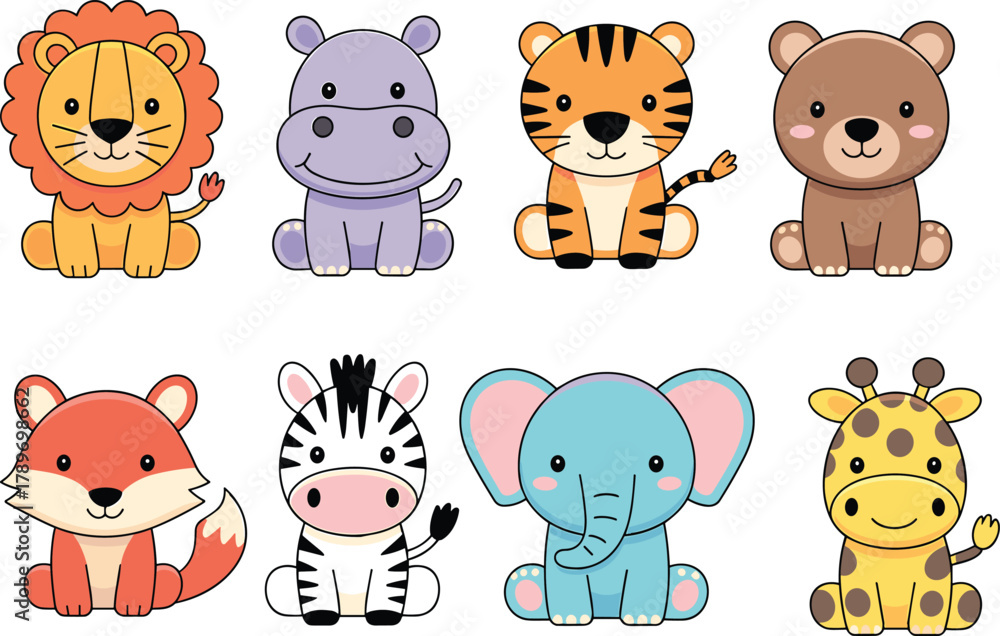 Fototapeta premium Cute cartoon animals collection, lion tiger bear fox zebra elephant giraffe hippopotamus, children illustration, playful design, educational vector artwork
