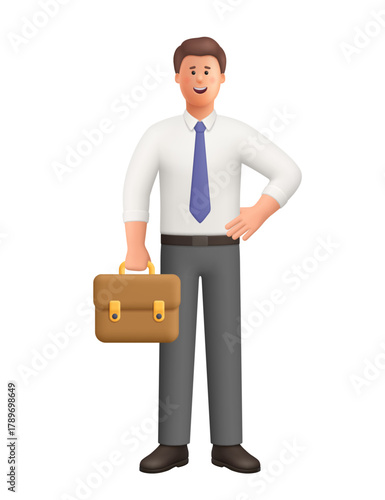 Young smiling businessman Ted standing with hand hip and holding briefcase. Business, office work, management and career success concept. 3d vector people character. Cartoon minimal style.