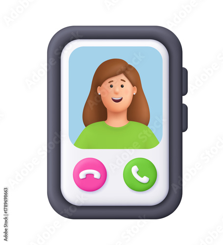 Smartphone screen showing video call with smiling woman Kate. Video call interface, video chat, online communication and mobile technology concept. 3d vector people character. Cartoon minimal style.