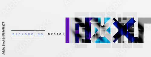 Abstract geometric pattern. Blue, purple squares overlap white space. Minimalist design suggests modern technology, innovation.