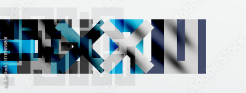 Abstract geometric shapes, blue tones, gray background. Minimalist design, modern aesthetic, digital art composition.