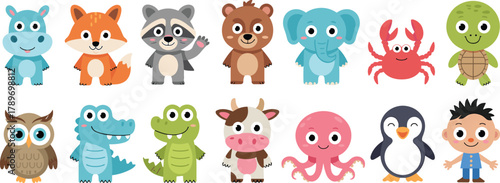 Cartoon animals, cute boy character, friendly wildlife, educational illustration, children learning, colorful vector design, playful icons, stock art collection