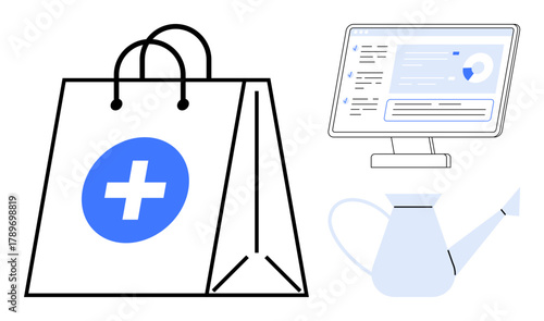Shopping bag with medical cross, computer screen displaying analytics, and watering can for growth. Ideal for e-commerce, digital health, growth strategy, innovation, healthcare, productivity