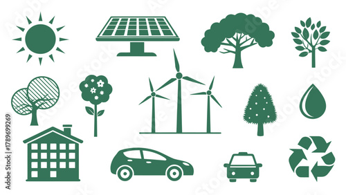 Dynamic eco-friendly silhouette icons for sustainable living, clean energy, and green initiatives in a modern design