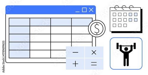 Spreadsheet with dollar sign, calculator for calculations, calendar for scheduling, and a weightlifting icon for fitness goal representation. Ideal for finance, scheduling, fitness, planning, goal