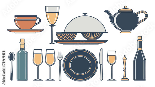 Elegant dining table setting silhouette with wine glasses, plates, and cutlery for a sophisticated event