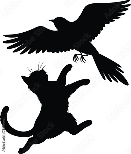 Black Silhouette of Cat Leaping at Flying Bird, Symbolizing Predator and Prey Conflict, Hunting Instinct, Nature Struggle, and Pet Behavior