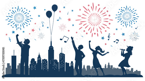 Joyful crowd celebrates city skyline with fireworks silhouette, music notes, and balloons creating a festive vibe