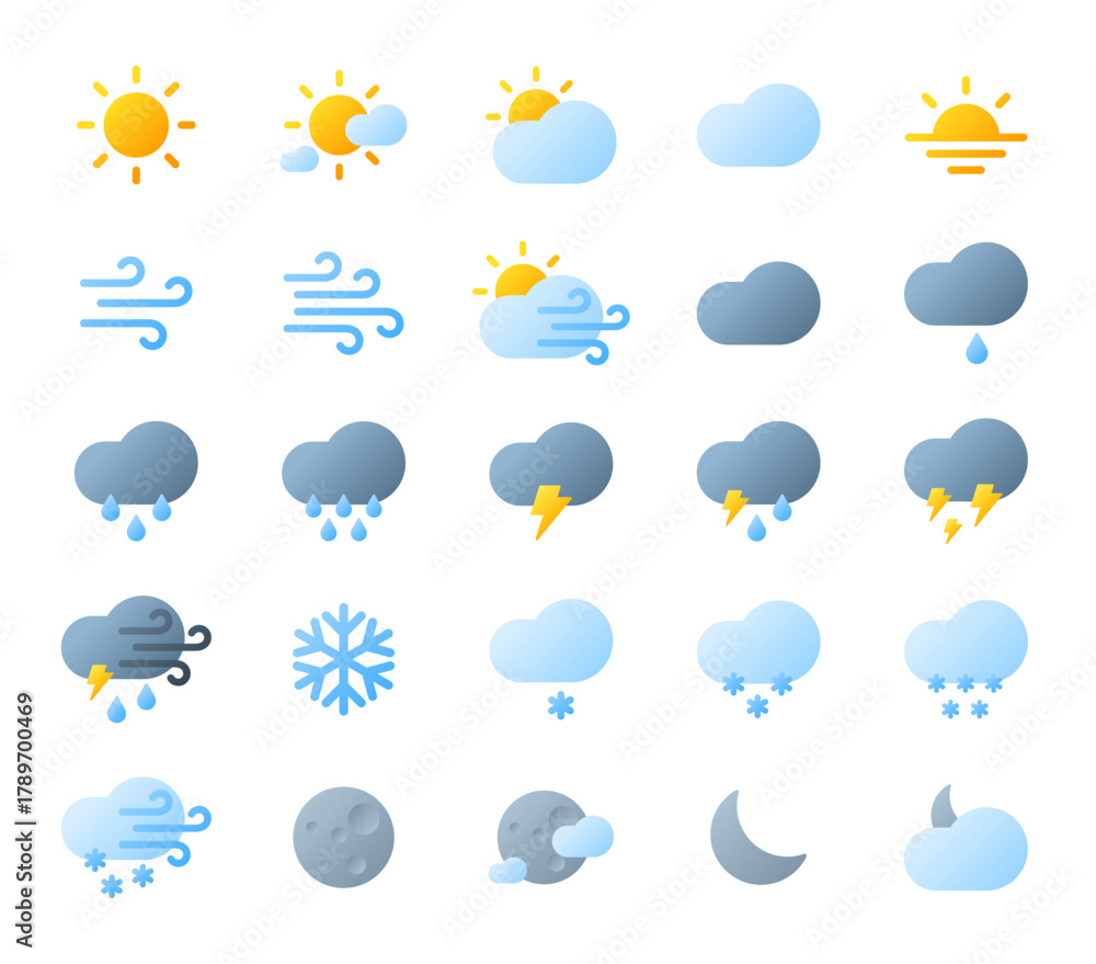Obraz premium Simple Weather Forecast Pictograms Vector Collection with Soft Shading