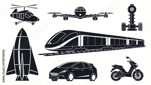 Dynamic transportation silhouette collection showcasing modern vehicles for travel and industry projects