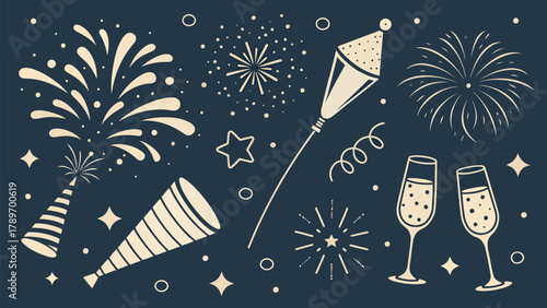Celebrate with festive fireworks, party horns, and champagne toast silhouette for joyous occasions
