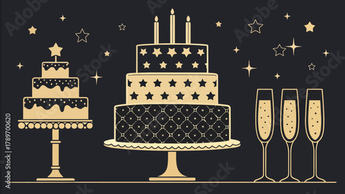 Elegant silhouette of tiered cakes and champagne glasses celebrates joy, festivity, and special occasions with stars.
