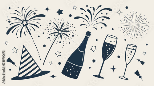 Celebrate with festive fireworks, champagne, and party hat silhouette for joyful occasions and vibrant celebrations