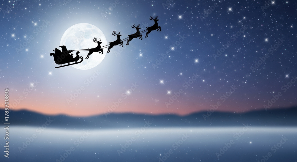 Naklejka premium Christmas silhouette portrays Santa's sleigh flying across moonlight winter scene. Christmas celebration with reindeer flying over snowy landscape evokes holiday spirit,
