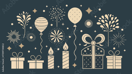 Festive celebration silhouette with balloons, gifts, candles, and fireworks for joyous occasions and party themes