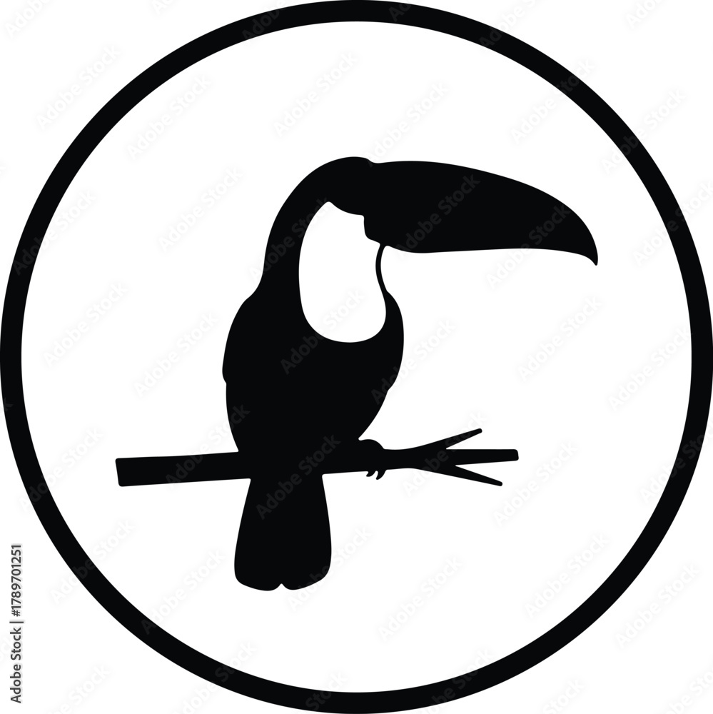 Fototapeta premium Illustration Toucan bird perched on branch black and white silhouette vector