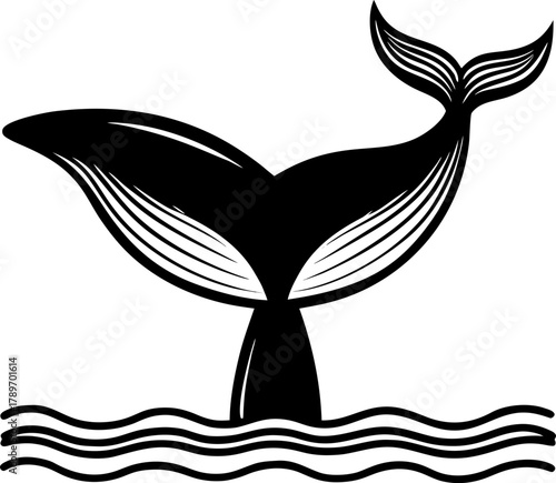 A detailed illustration of a whale tail emerging from the ocean. The tail is the central subject, depicted in a classic black and white, cross-hatching style. The tail rises vertically from the waves,