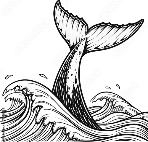 A detailed illustration of a whale tail emerging from the ocean. The tail is the central subject, depicted in a classic black and white, cross-hatching style. The tail rises vertically from the waves,