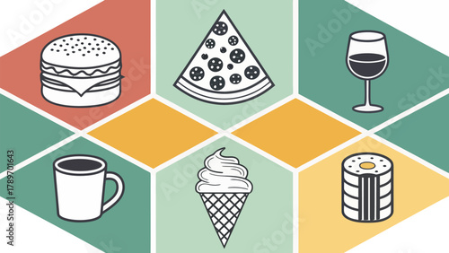 Vibrant food and drink silhouette icons arranged in a modern geometric pattern create a dynamic visual feast