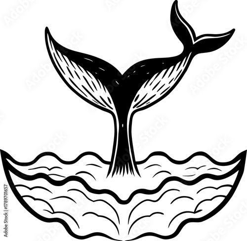 A detailed illustration of a whale tail emerging from the ocean. The tail is the central subject, depicted in a classic black and white, cross-hatching style. The tail rises vertically from the waves,