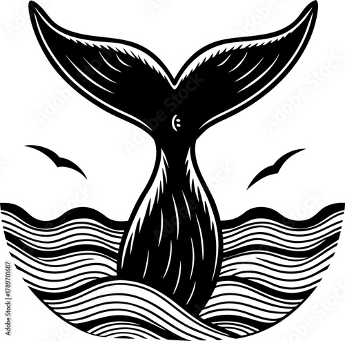 A detailed illustration of a whale tail emerging from the ocean. The tail is the central subject, depicted in a classic black and white, cross-hatching style. The tail rises vertically from the waves,
