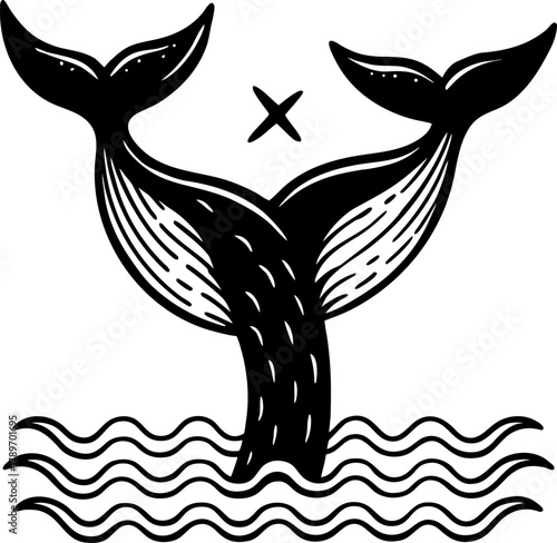 A detailed illustration of a whale tail emerging from the ocean. The tail is the central subject, depicted in a classic black and white, cross-hatching style. The tail rises vertically from the waves,