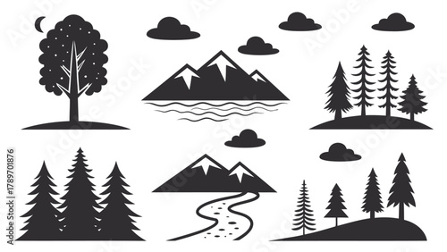 Serene nature silhouette collection with mountains trees clouds and a moonlit tree for peaceful scenes