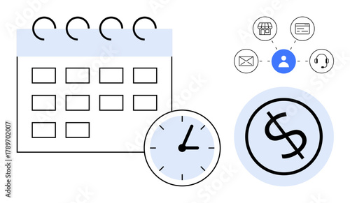 Calendar with marked days, clock showing time, dollar symbol illustrating value. Ideal for scheduling, financial planning, time tracking, productivity, resource allocation, efficiency work-life