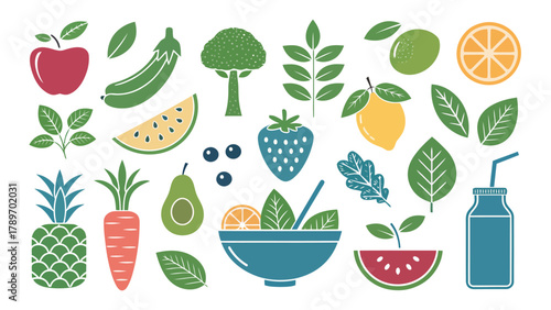 Vibrant healthy food silhouette collection for fresh lifestyle design and nutrition concepts
