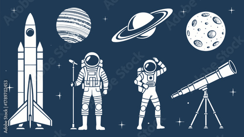 Dynamic astronaut silhouette exploring planets with telescope, a vibrant space adventure silhouette.