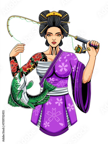 Vector illustration of a modern geisha wearing a purple kimono and showing off elegant body tattoos, holding a fishing rod that has just caught a large salmon, isolated on a white background. Perfect