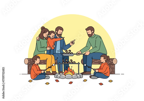 A flat minimalist vector illustration of a family roasting chestnuts outdoors, cozy autumn tradition theme.