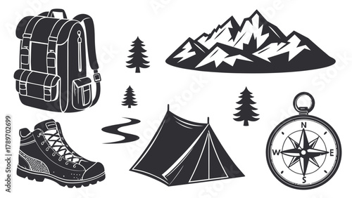 Dynamic adventure silhouette set featuring backpack, boot, tent, mountains, trees, river, and compass for exploration