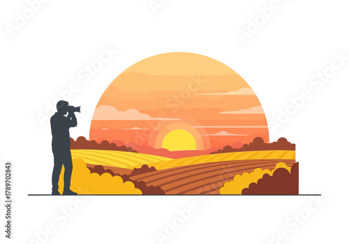 A flat minimalist vector illustration of a person taking photos of a sunset over autumn fields, seasonal photography theme.