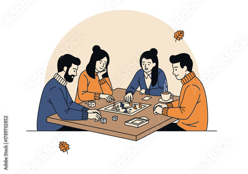 A flat minimalist vector illustration of friends playing board games indoors, autumn leisure activity theme.