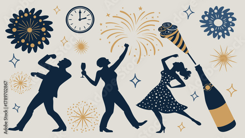 Dynamic silhouette celebration with champagne toast and festive fireworks, capturing joyous moments