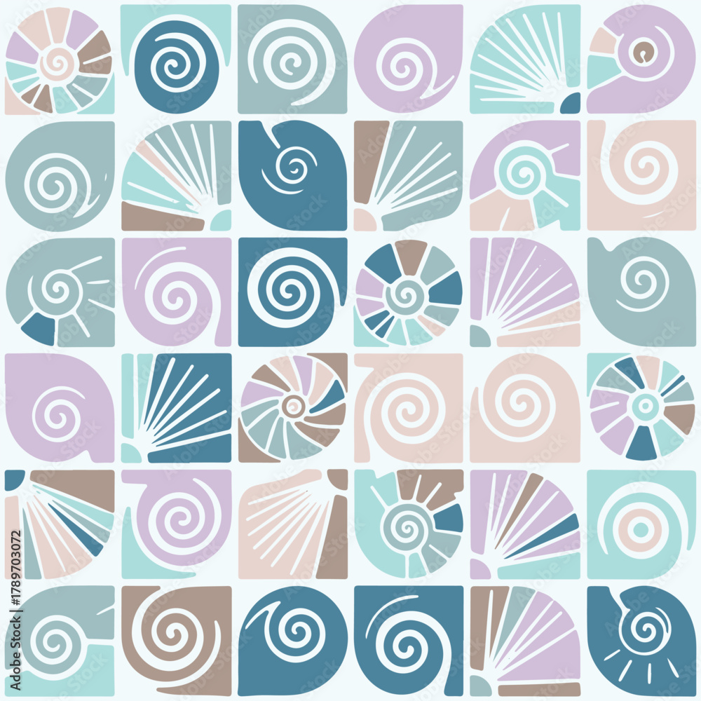 Fototapeta premium Seamless Marine Shell Pattern – Pastel Spiral and Nautilus Shells in Aqua, Lavender, and Beige