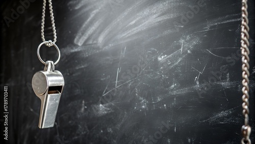 Get ready for sports season with a polished silver whistle on a chalkboard, invoking memories of coaches, teamwork, and the thrill of competition
