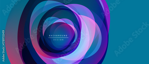 Abstract concentric circles, vibrant colors, blue, purple, pink. Modern design element, dynamic composition, text overlay present.