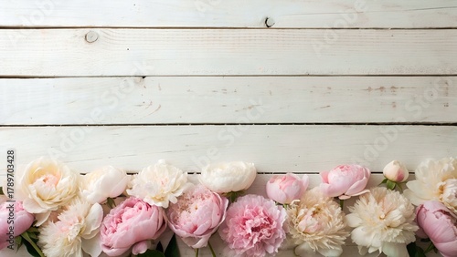 Dreamy pink and white peonies resting on a rustic white wooden surface create a beautiful floral arrangement perfect for springtime designs